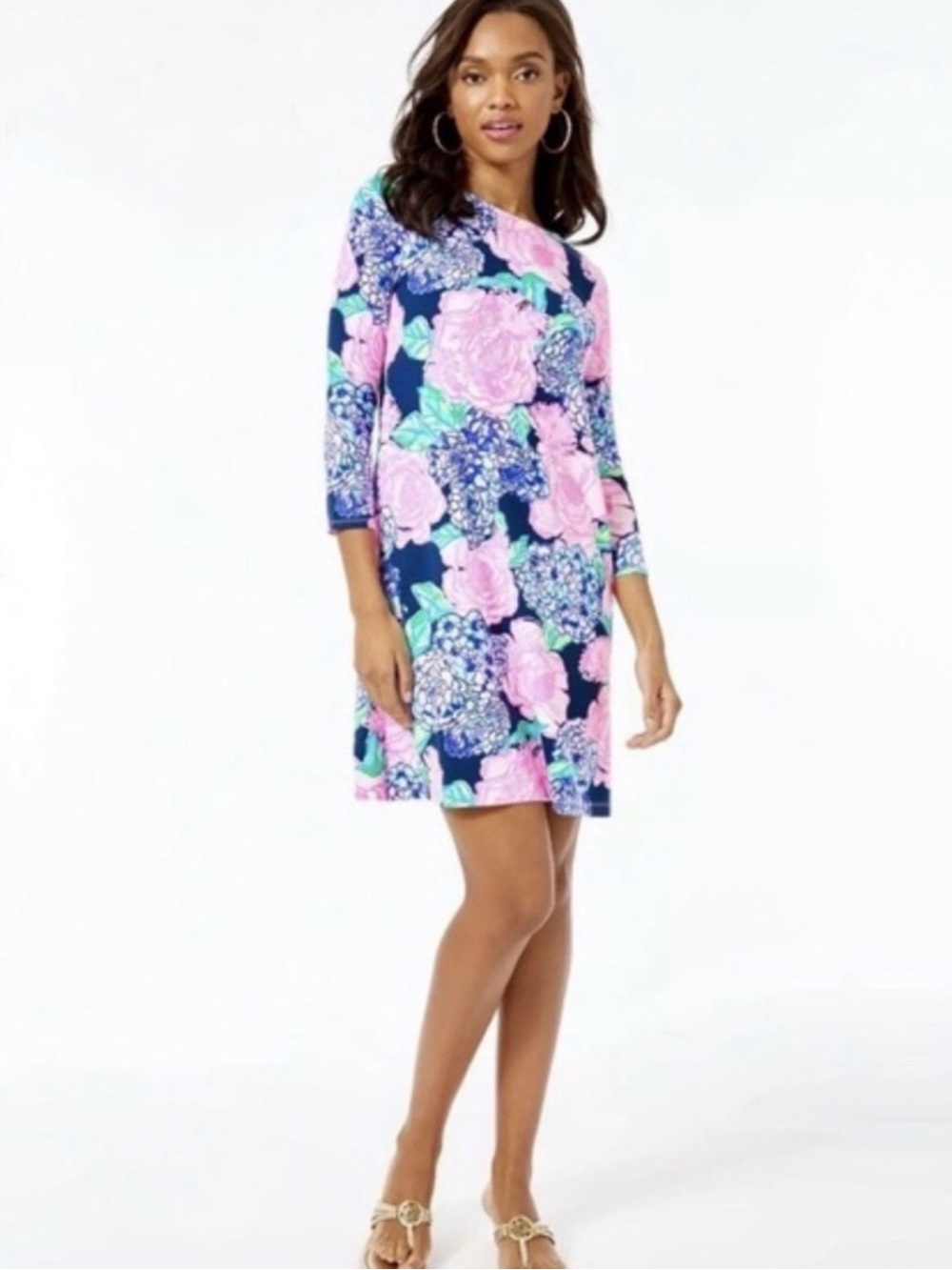 Lilly Pulitzer Navy Shift Dress with Pink Floral Print